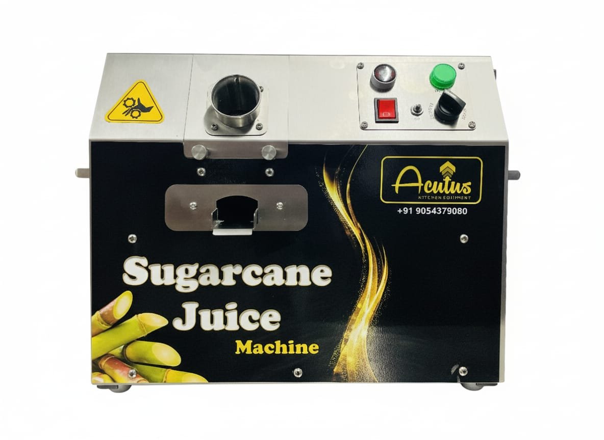 Mini Sugarcane Juice Machine, front view with black Acutus branding