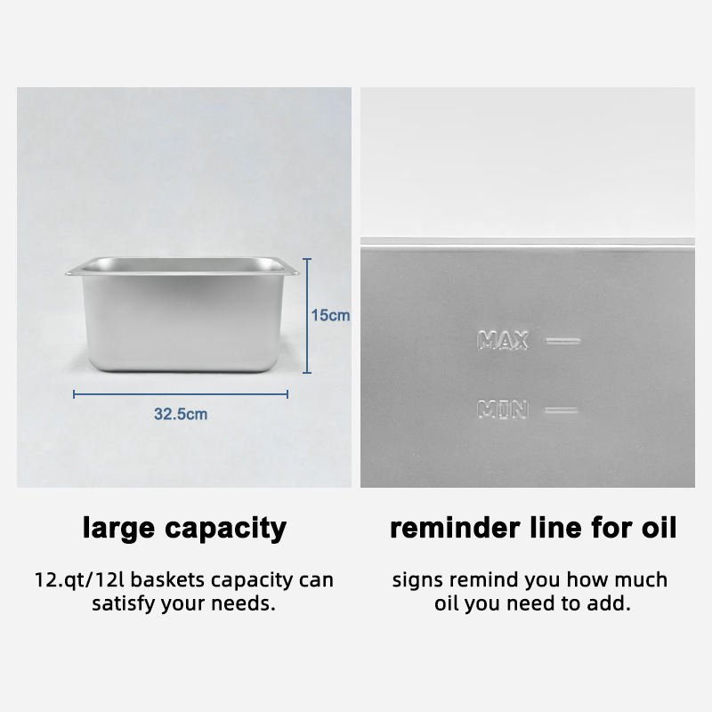 Fry basket and tank capacity with an oil-level reminder line