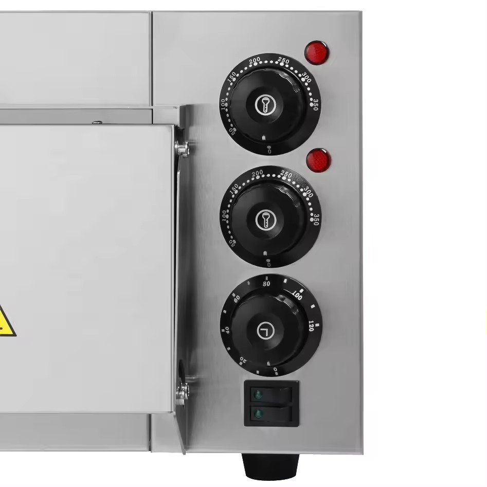 Pizza oven temperature and timer control knobs