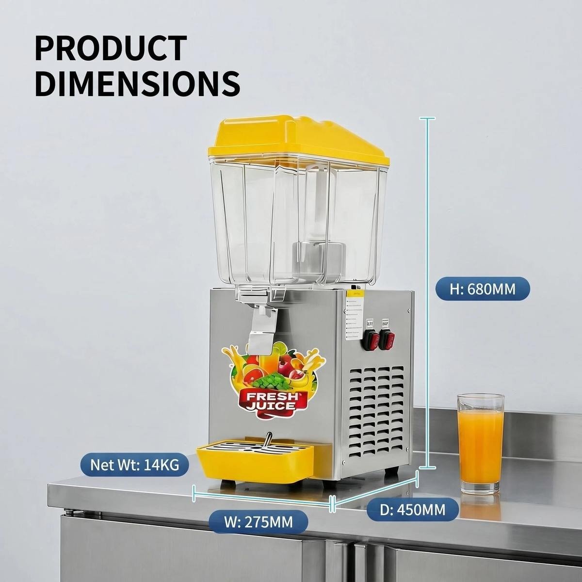 12L Single Tank Cold Juice Dispenser, product dimensions