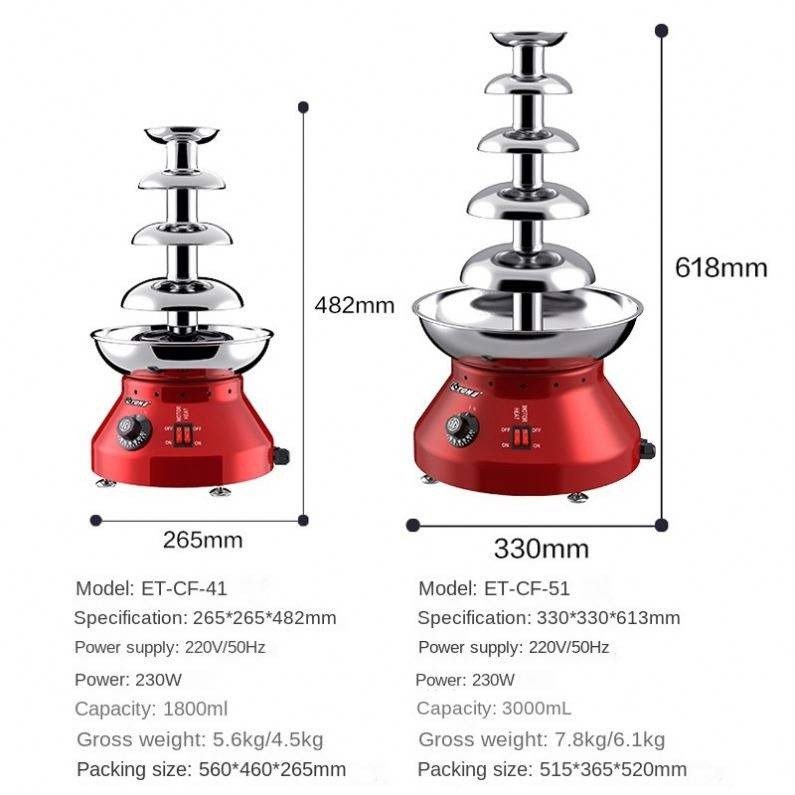 Size comparison diagram of the chocolate fountain range