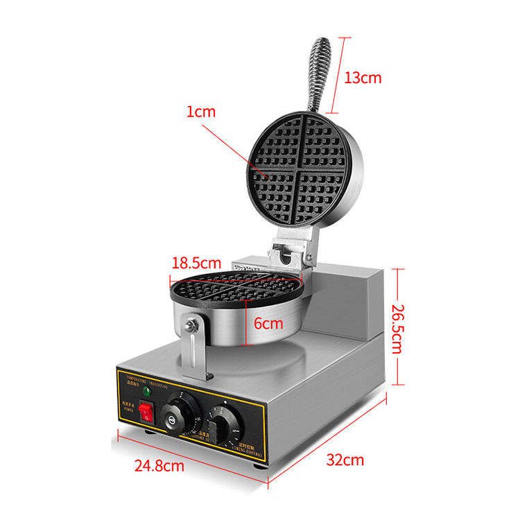 Dimensions diagram of the commercial round Belgian waffle maker
