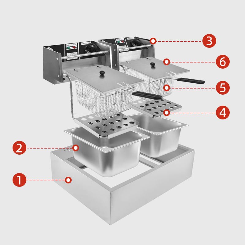 Exploded parts diagram of the double tank fryer body, baskets and covers