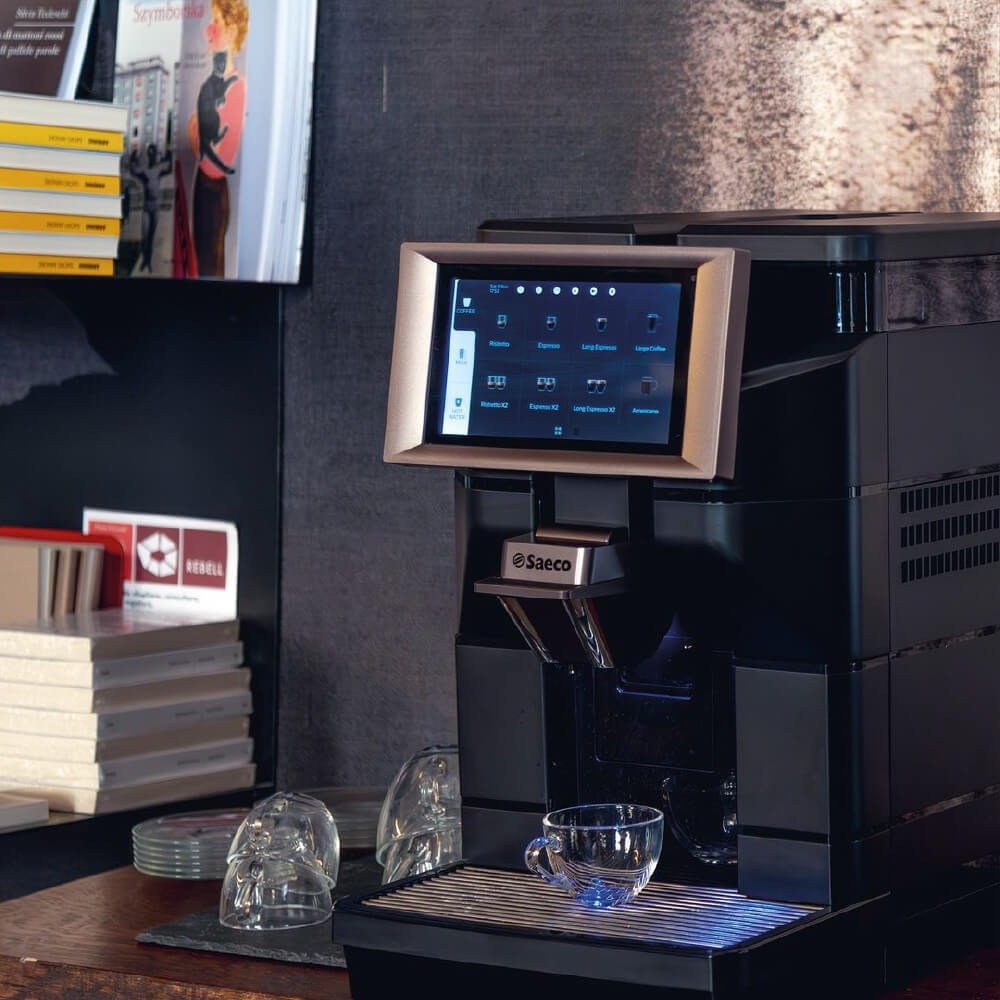 Saeco Magic M1 coffee machine, front view with two cappuccinos