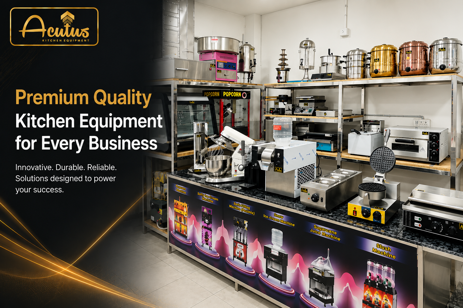 Polished stainless steel commercial kitchen equipment on display at Acutus Kitchen Equipment