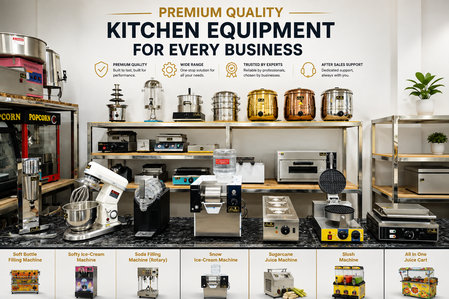Commercial kitchen equipment arranged by station at Acutus Kitchen Equipment