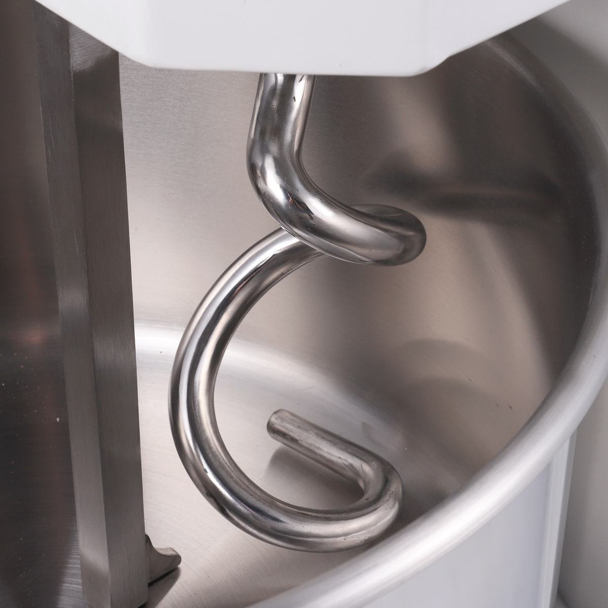 Close-up of the spiral kneading hook inside the SM-30 bowl
