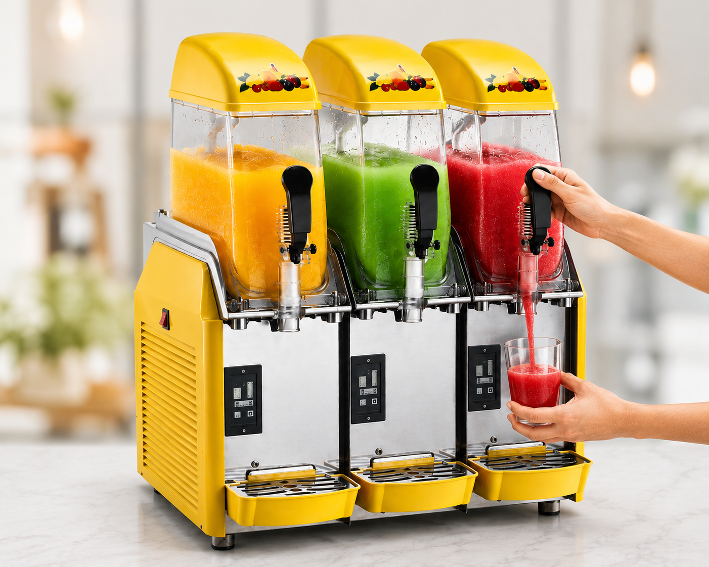Three Tank Commercial Maker Slush Machine in use at a café counter
