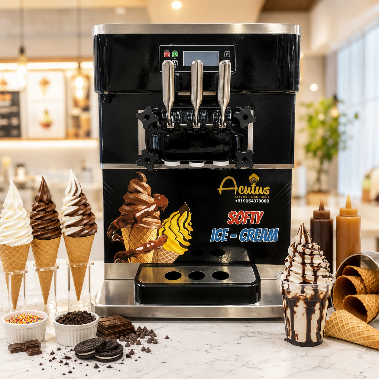Softy Ice Cream Making Machine, Table Top Model, in use at a dessert counter