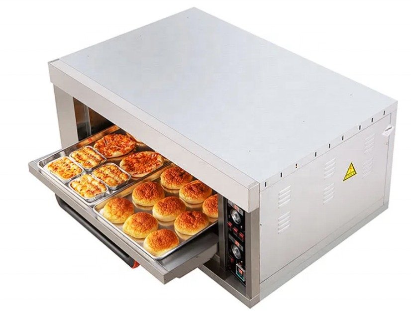 EBO-11 electric baking oven with drawer open, showing baked buns and pizzas