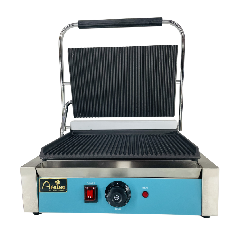 Front view of the single plate contact grill with lid open, showing ribbed grill plates