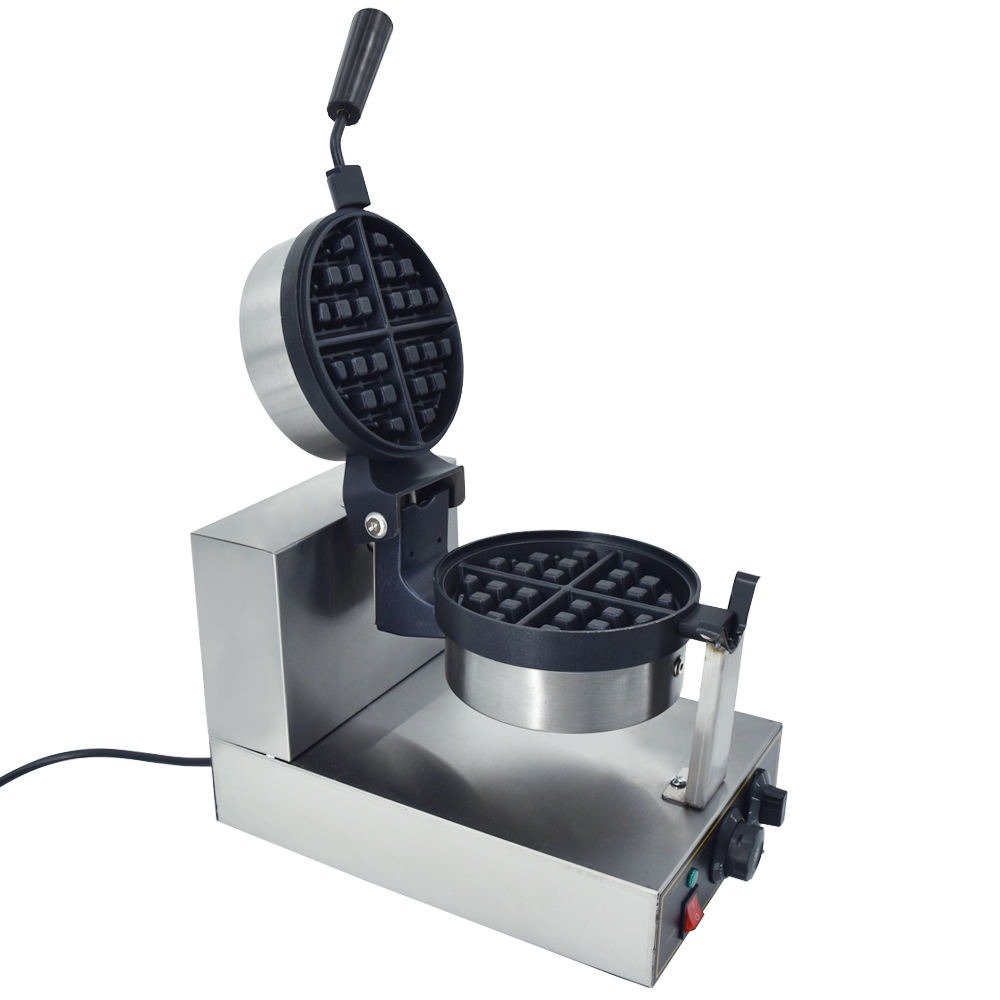 Rotating Belgium waffle maker with lid open, showing plates and drip tray