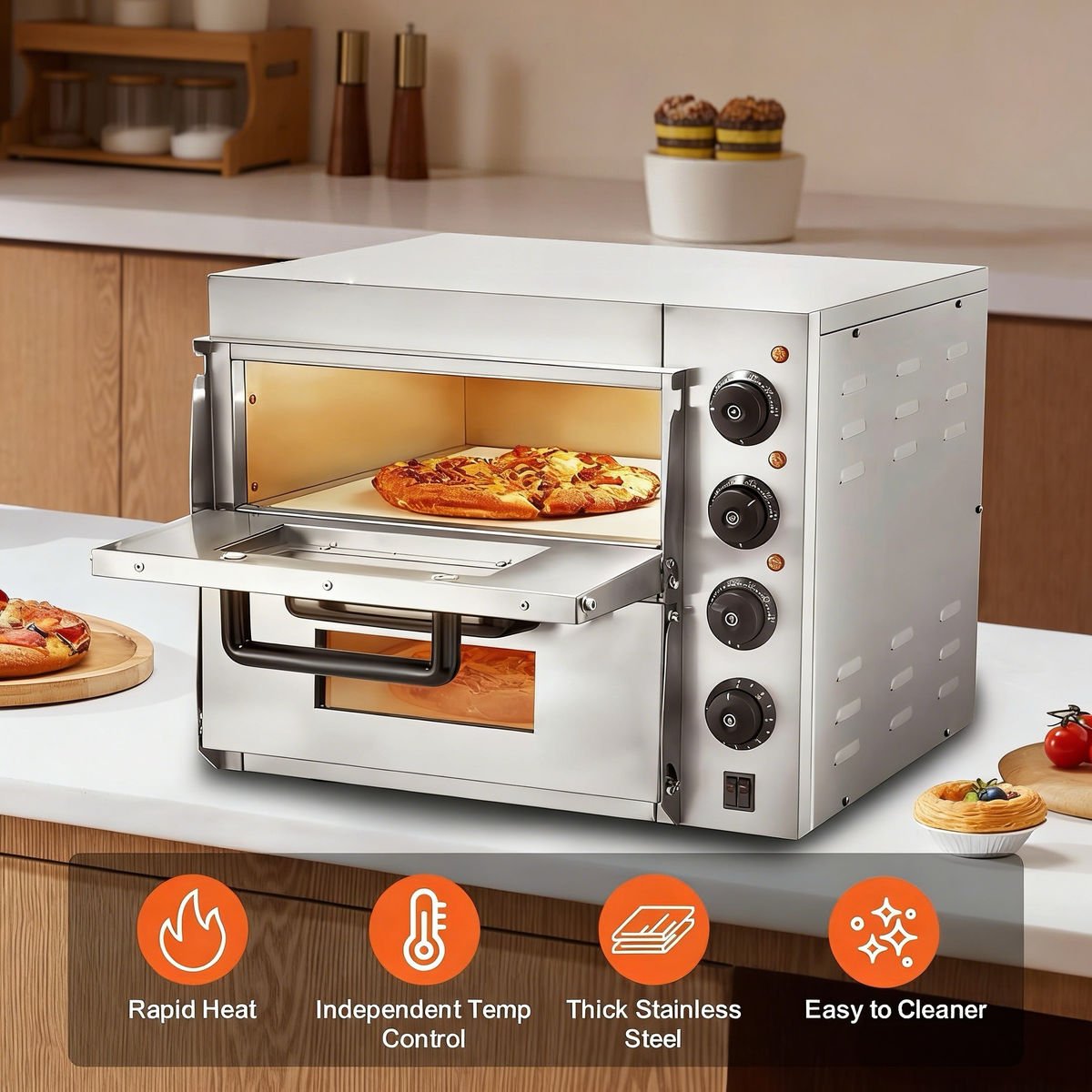 Double deck pizza oven with an open chamber baking a pizza