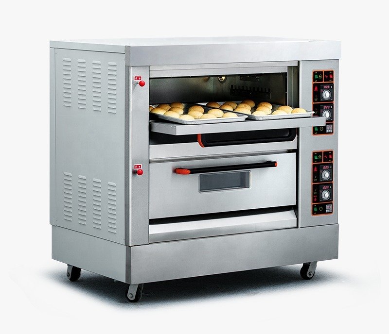 GBO-24 gas baking oven with drawer open, showing freshly baked buns