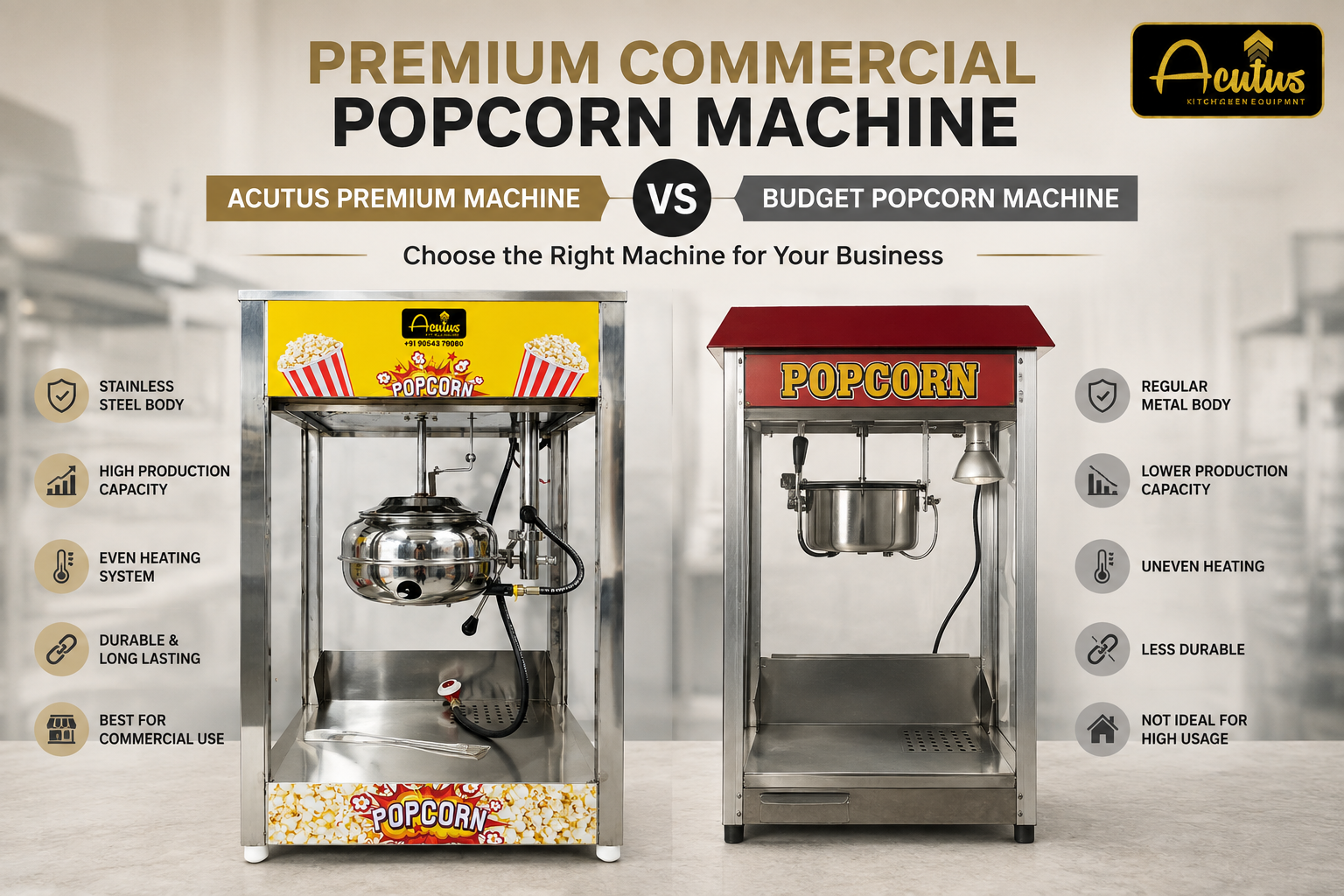 ACUTUS premium stainless-steel popcorn machine compared with a budget popcorn machine