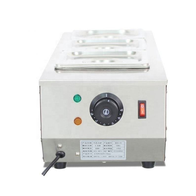 Rear view of the 2 pot chocolate warmer showing the spec label