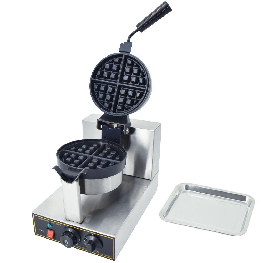 Rotating Belgium waffle maker, top-down view with lid open
